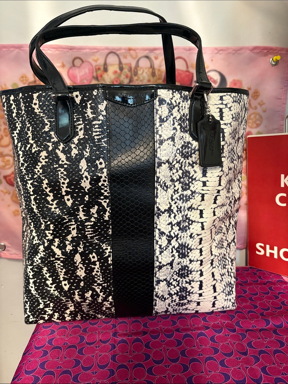 Coach Exotic Black & White Snake-Print Panel Tote